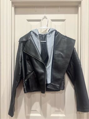 Victoria's Secret Black Faux Leather Moto Jacket with Gray Attached Hood